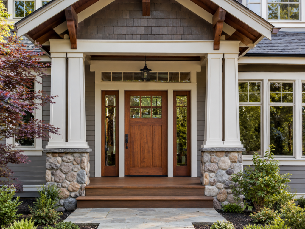 Various entry door styles, including traditional, modern, and craftsman